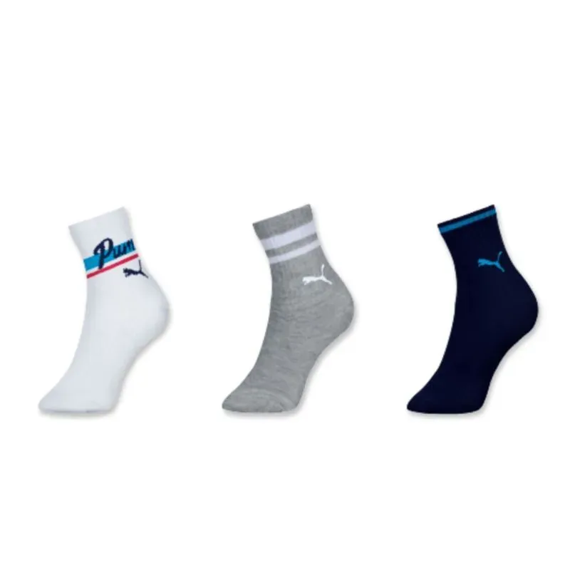 Kit infantil de meias Puma nas cores branco, cinza e marinho, vista lateral direita